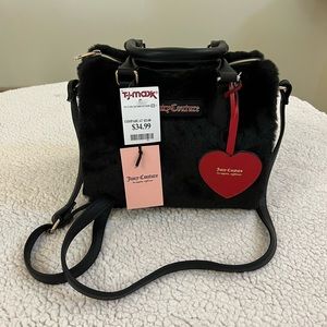 New with tag Juicy Couture Black Faux Fur Satchel Hand Bag with crossbody scrap